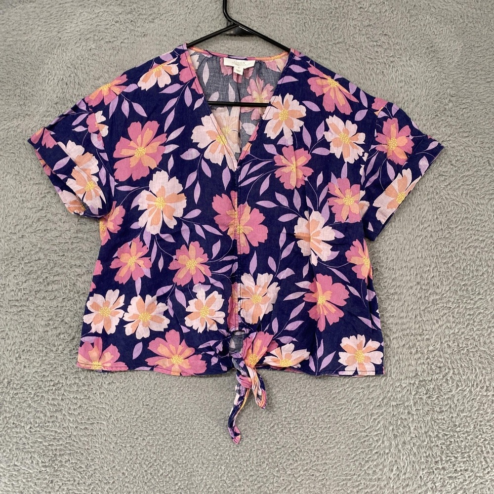 Charter Club Linen Floral Top Womens Medium Navy Tie Front Summer Flower